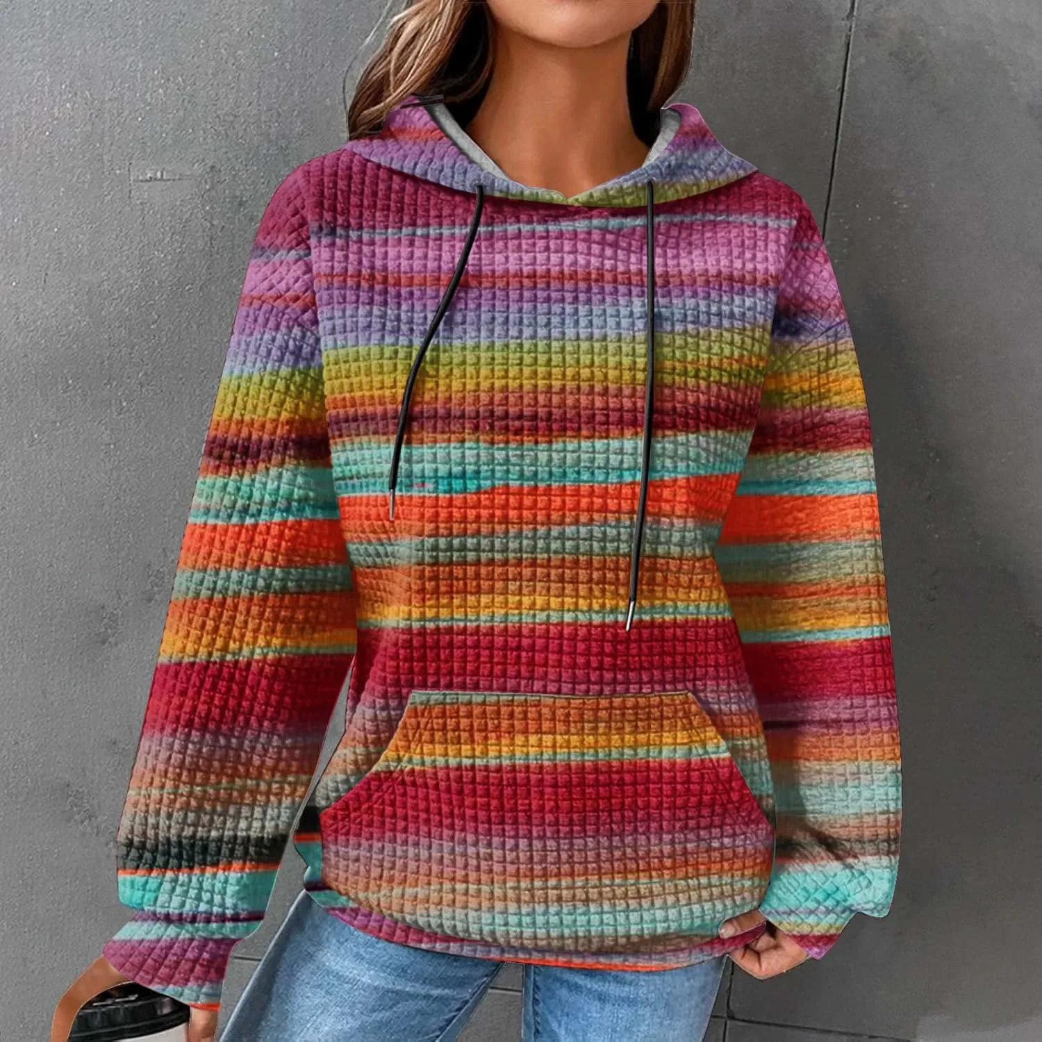 Womens Waffle Knit Trendy Sweatshirt Casual Comfort Hoodie Sweatshirts Drawstring Pullover Tops Preppy Clothes 2024