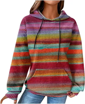 Womens Waffle Knit Trendy Sweatshirt Casual Comfort Hoodie Sweatshirts Drawstring Pullover Tops Preppy Clothes 2024