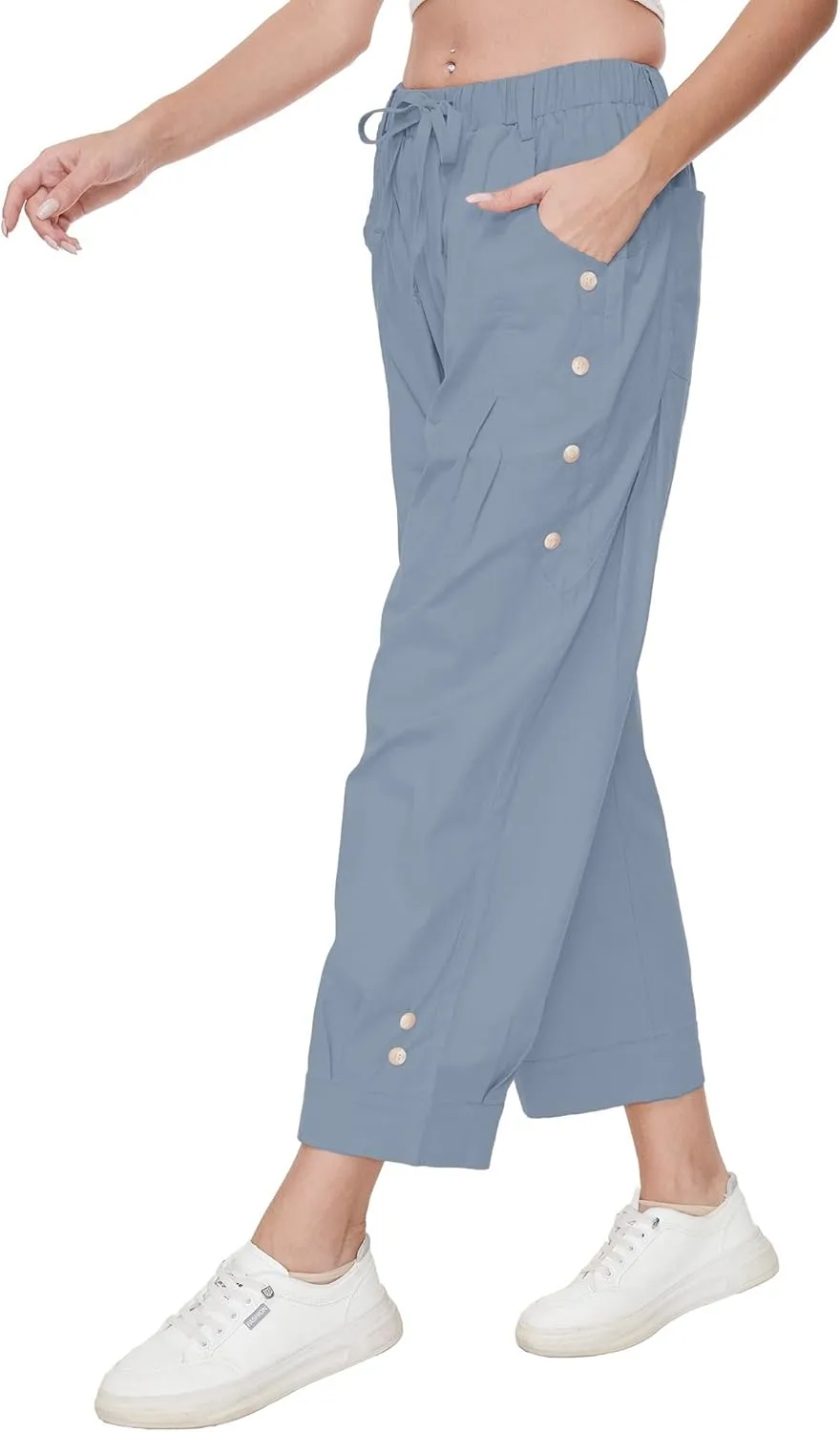 Women's Wide Leg Capri Pants Drawstring Elastic Waist Casual Pants Loose Fit Cinch Bottom Cropped Trousers with Pockets