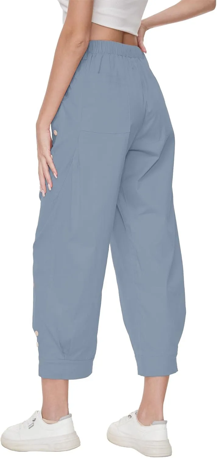Women's Wide Leg Capri Pants Drawstring Elastic Waist Casual Pants Loose Fit Cinch Bottom Cropped Trousers with Pockets