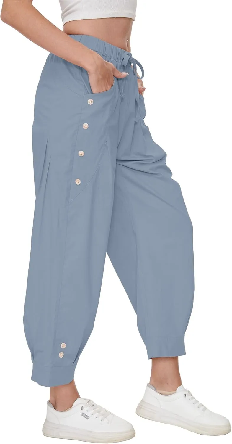 Women's Wide Leg Capri Pants Drawstring Elastic Waist Casual Pants Loose Fit Cinch Bottom Cropped Trousers with Pockets