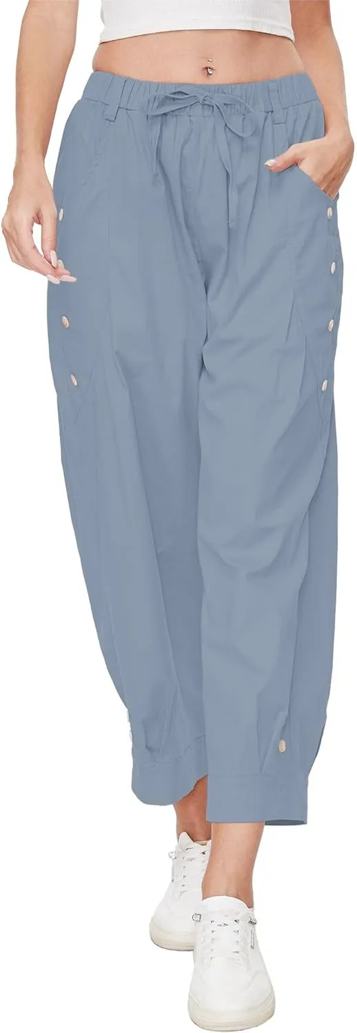 Women's Wide Leg Capri Pants Drawstring Elastic Waist Casual Pants Loose Fit Cinch Bottom Cropped Trousers with Pockets