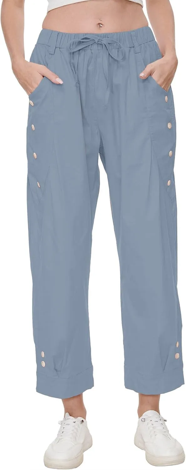 Women's Wide Leg Capri Pants Drawstring Elastic Waist Casual Pants Loose Fit Cinch Bottom Cropped Trousers with Pockets