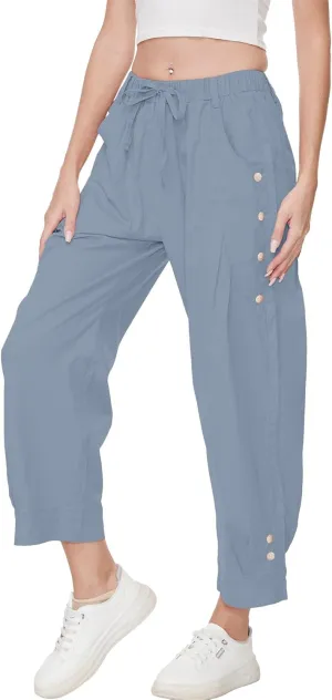 Women's Wide Leg Capri Pants Drawstring Elastic Waist Casual Pants Loose Fit Cinch Bottom Cropped Trousers with Pockets