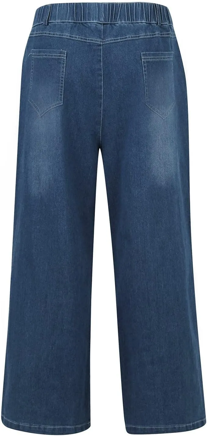 Womens Wide Leg Jeans High Waisted Pull On Bootcut Jeans Summer Trendy Stretch Boyfriend Denim Pants with Pockets