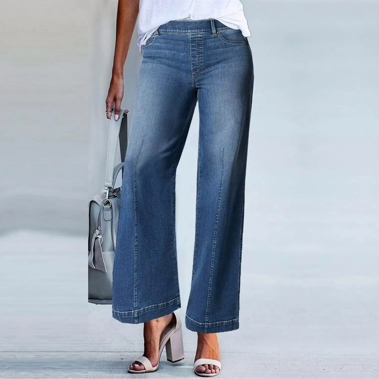 Womens Wide Leg Jeans High Waisted Pull On Bootcut Jeans Summer Trendy Stretch Boyfriend Denim Pants with Pockets