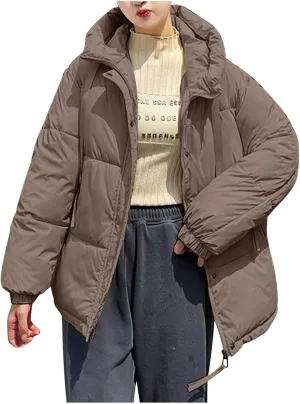 Women's Winter Drawstring Hooded Coats Warm Thicken Puffer Jacket Long Sleeve Zip Up Quilted Down Outerwear with Pockets