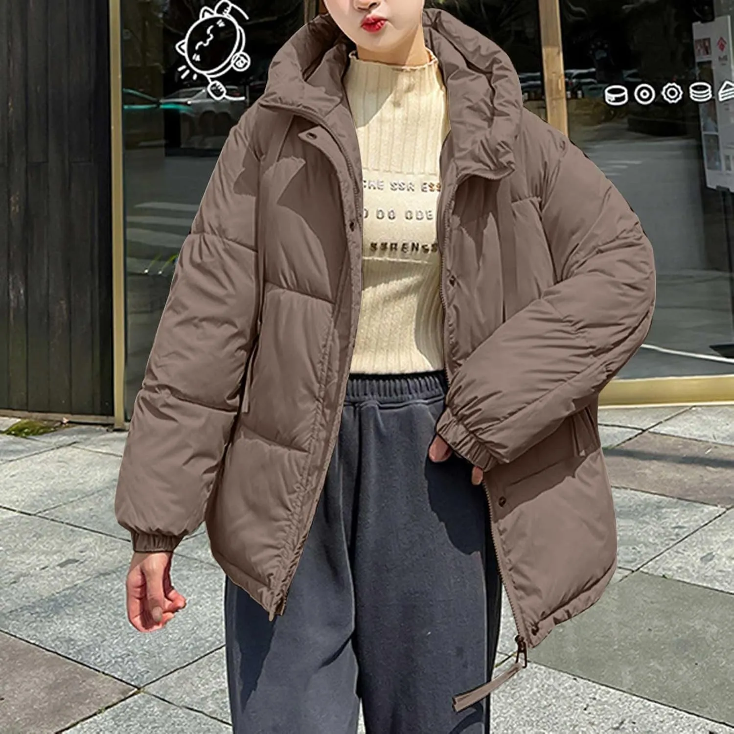 Women's Winter Drawstring Hooded Coats Warm Thicken Puffer Jacket Long Sleeve Zip Up Quilted Down Outerwear with Pockets