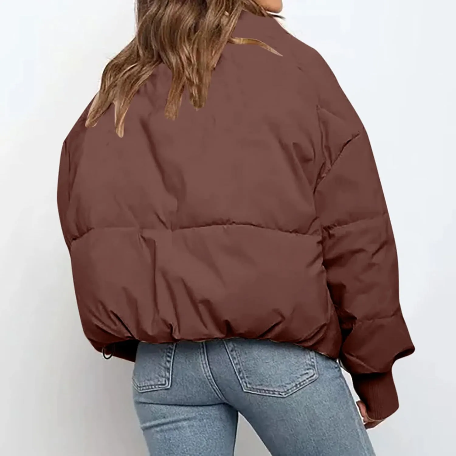 Women's Winter Short Puffer Down Jacket Coat Ladies Fashion Solid Long Sleeve Full Zipper Baggy Padded Outerwear