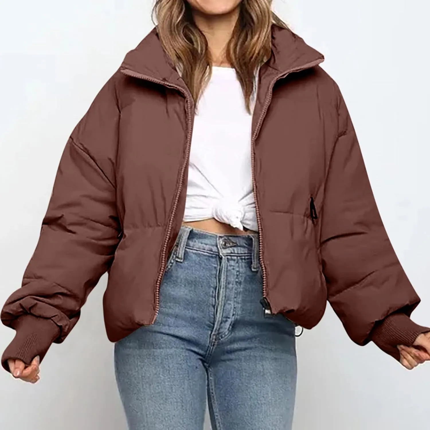 Women's Winter Short Puffer Down Jacket Coat Ladies Fashion Solid Long Sleeve Full Zipper Baggy Padded Outerwear