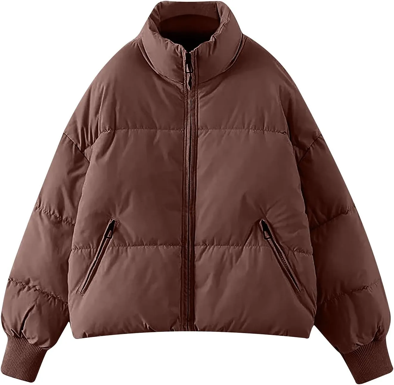 Women's Winter Short Puffer Down Jacket Coat Ladies Fashion Solid Long Sleeve Full Zipper Baggy Padded Outerwear