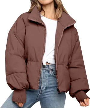 Women's Winter Short Puffer Down Jacket Coat Ladies Fashion Solid Long Sleeve Full Zipper Baggy Padded Outerwear
