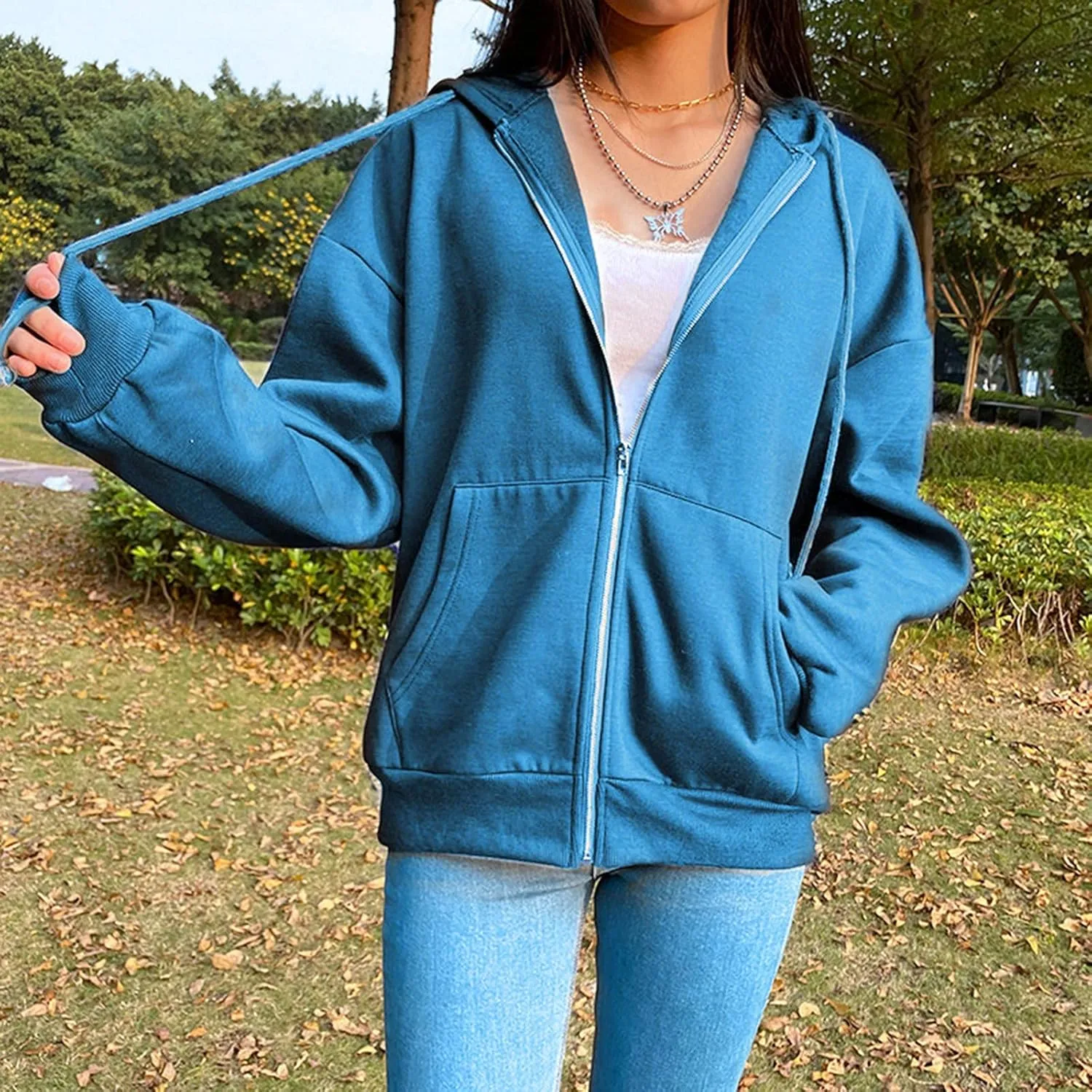 Womens Zip Up Hoodies Oversized Lightweight Hooded Solid Sweatshirt Long Sleeve Jacket Y2K Fall Clothes