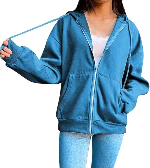 Womens Zip Up Hoodies Oversized Lightweight Hooded Solid Sweatshirt Long Sleeve Jacket Y2K Fall Clothes