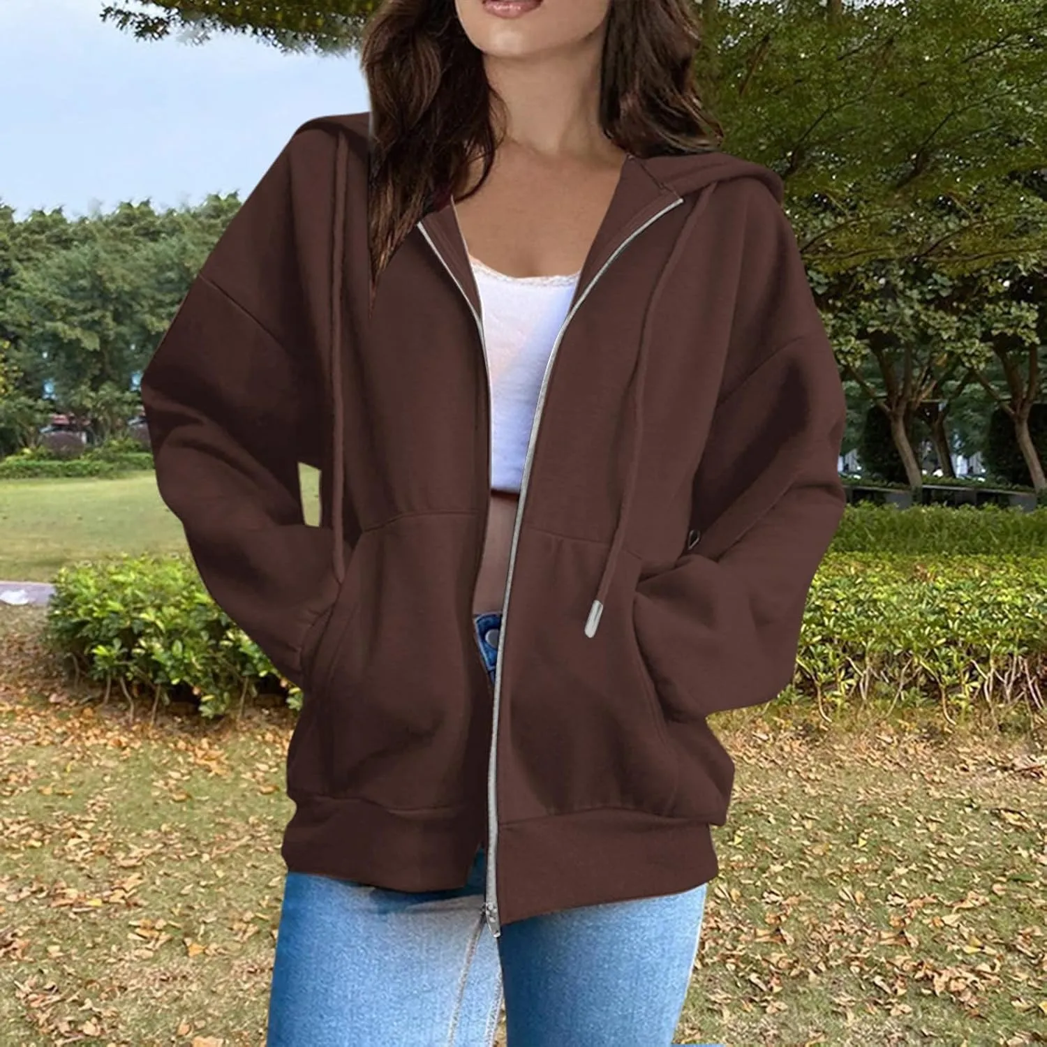 Womens Zip Up Y2K Hoodies Casual Long Sleeve Fall Oversized Sweatshirts Jacket with Pockets 2024 Fashion Clothes