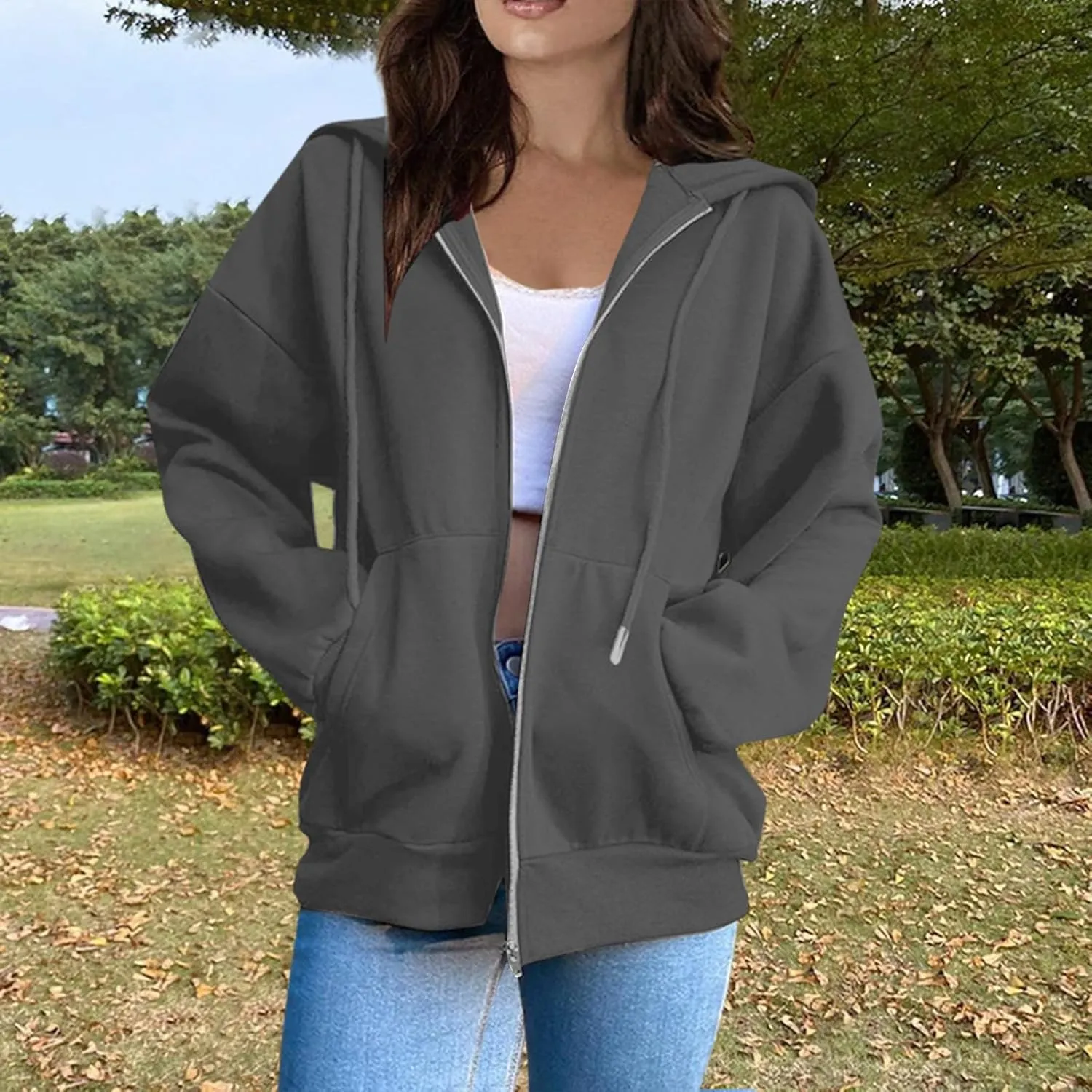 Womens Zip Up Y2K Hoodies Casual Long Sleeve Fall Oversized Sweatshirts Jacket with Pockets 2024 Fashion Clothes