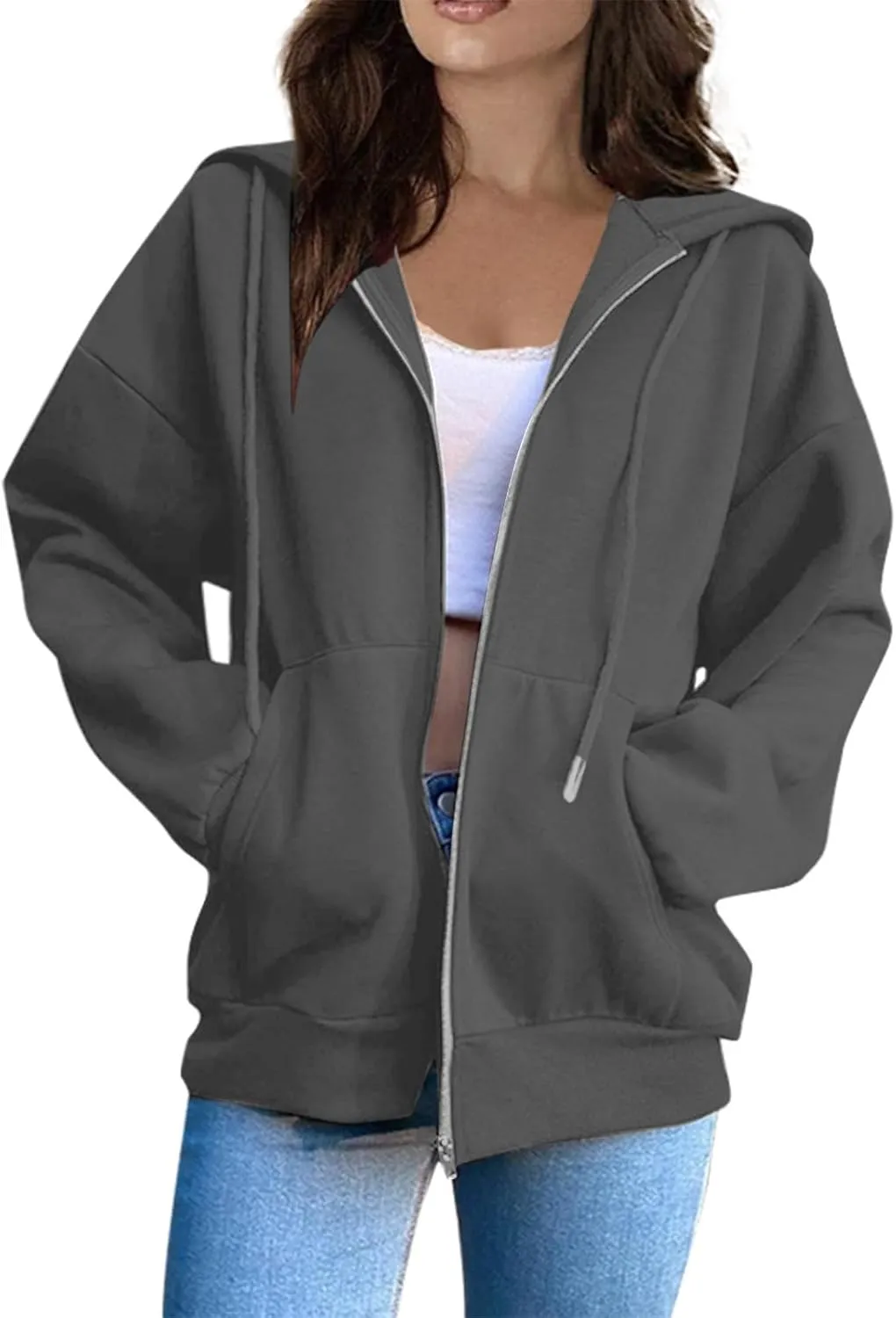 Womens Zip Up Y2K Hoodies Casual Long Sleeve Fall Oversized Sweatshirts Jacket with Pockets 2024 Fashion Clothes