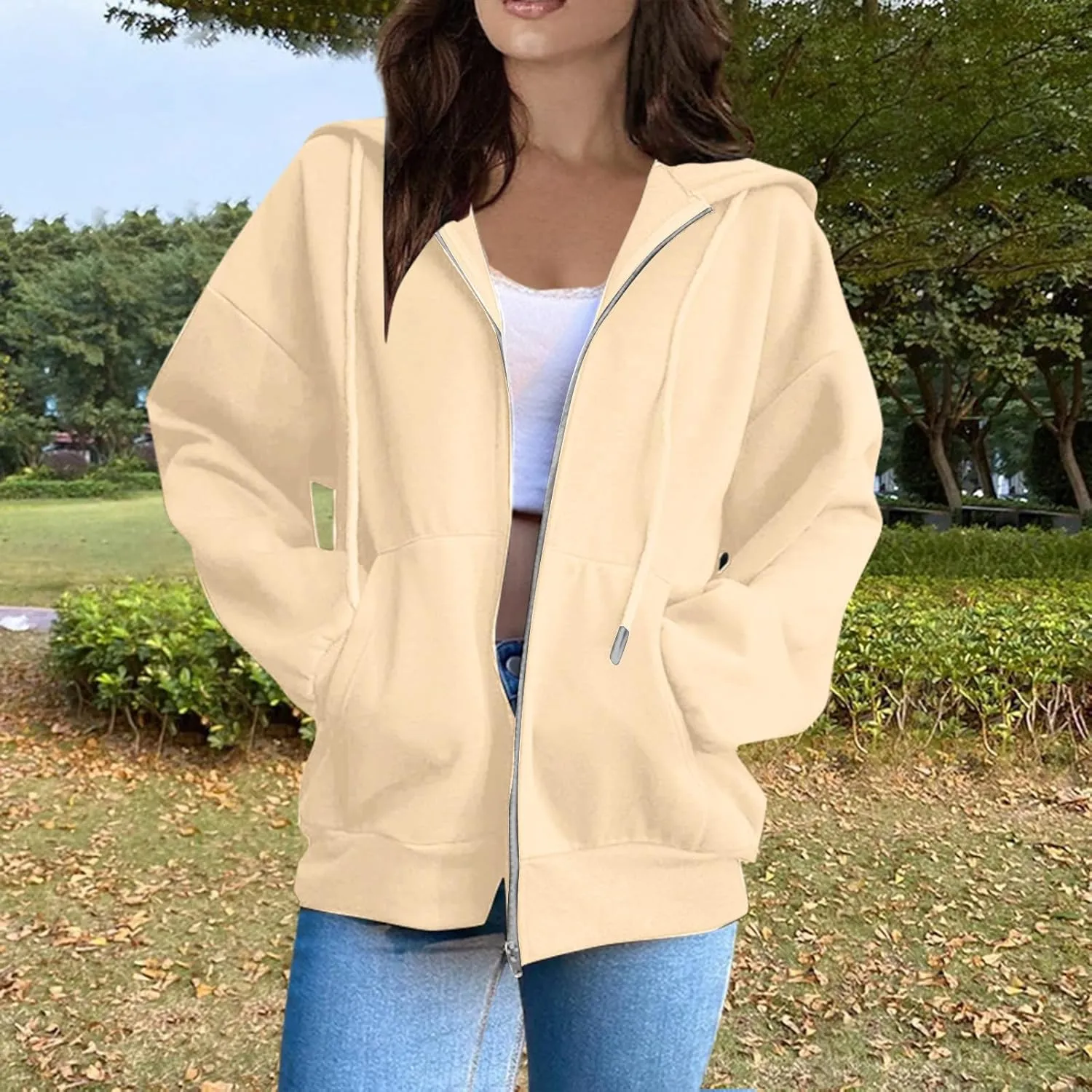 Womens Zip Up Y2K Hoodies Casual Long Sleeve Fall Oversized Sweatshirts Jacket with Pockets 2024 Fashion Clothes
