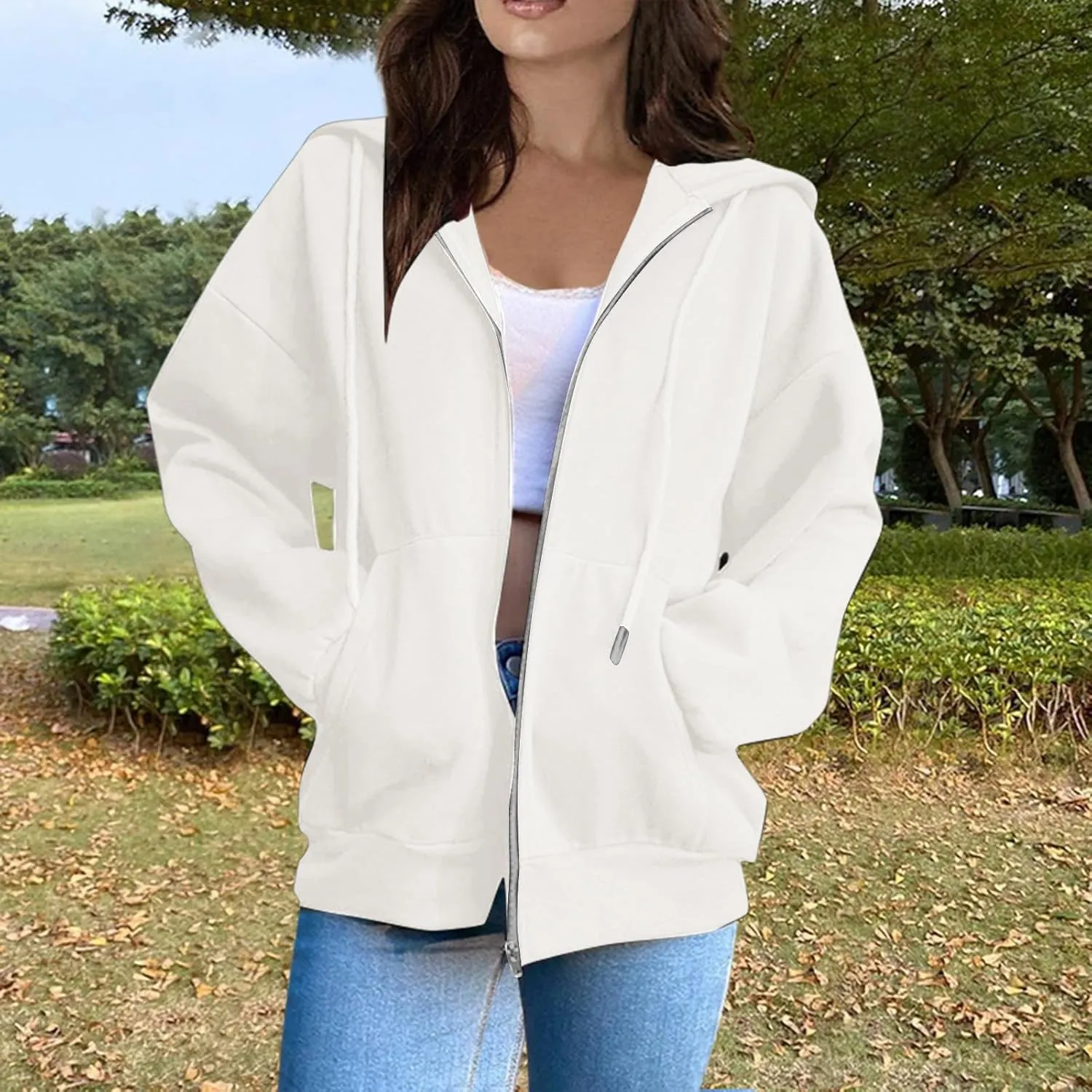Womens Zip Up Y2K Hoodies Casual Long Sleeve Fall Oversized Sweatshirts Jacket with Pockets 2024 Fashion Clothes