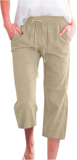 yardsong Capri Pants for Women Cotton Linen Casual Summer Pants Plus Size Drawstring Elastic Waist Capris with Pockets
