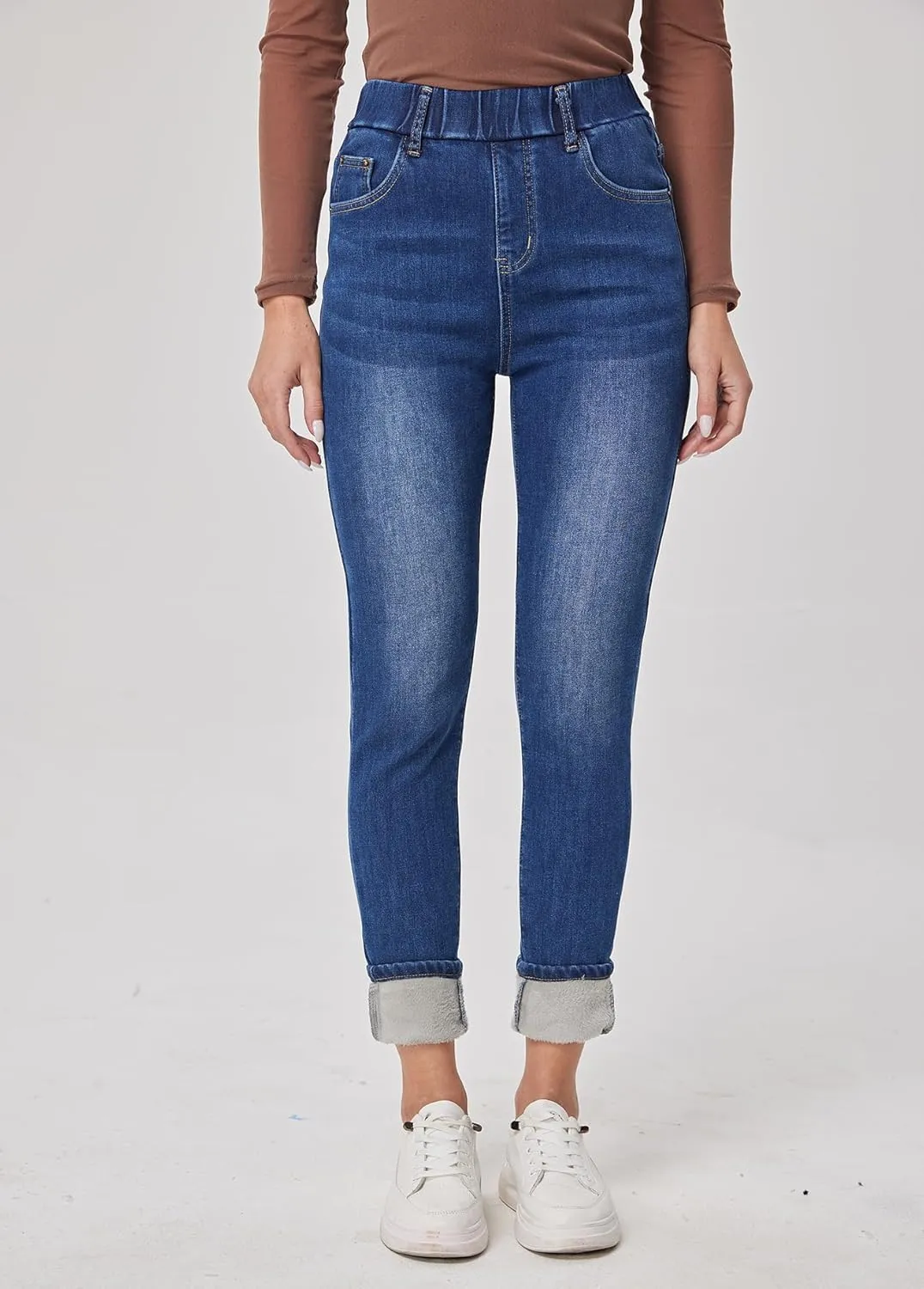 Yehopere Women's Winter Jeans High Waist Pull on Fleece Lined Thicken Elastic Waist Jeans