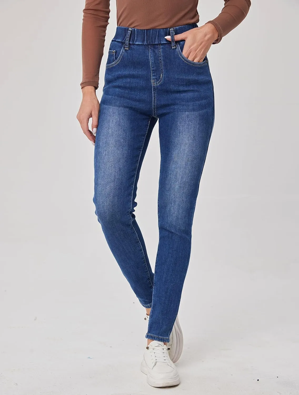 Yehopere Women's Winter Jeans High Waist Pull on Fleece Lined Thicken Elastic Waist Jeans