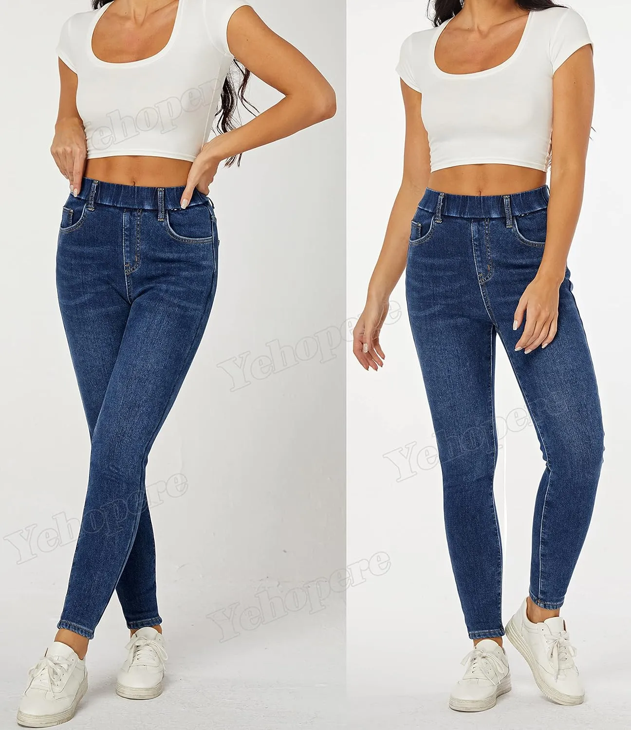 Yehopere Women's Winter Jeans High Waist Pull on Fleece Lined Thicken Elastic Waist Jeans