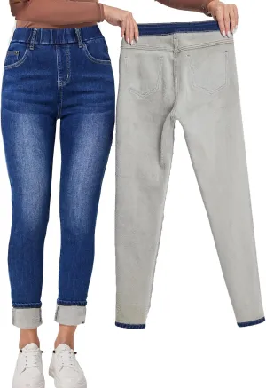 Yehopere Women's Winter Jeans High Waist Pull on Fleece Lined Thicken Elastic Waist Jeans
