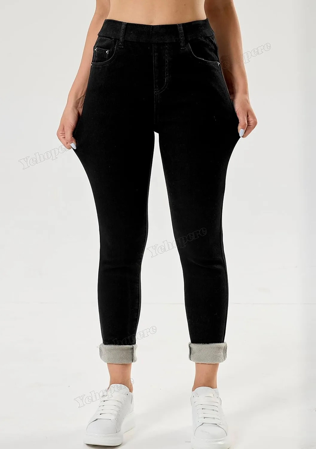 Yehopere Women's Winter Jeans High Waist Pull on Fleece Lined Thicken Elastic Waist Jeans