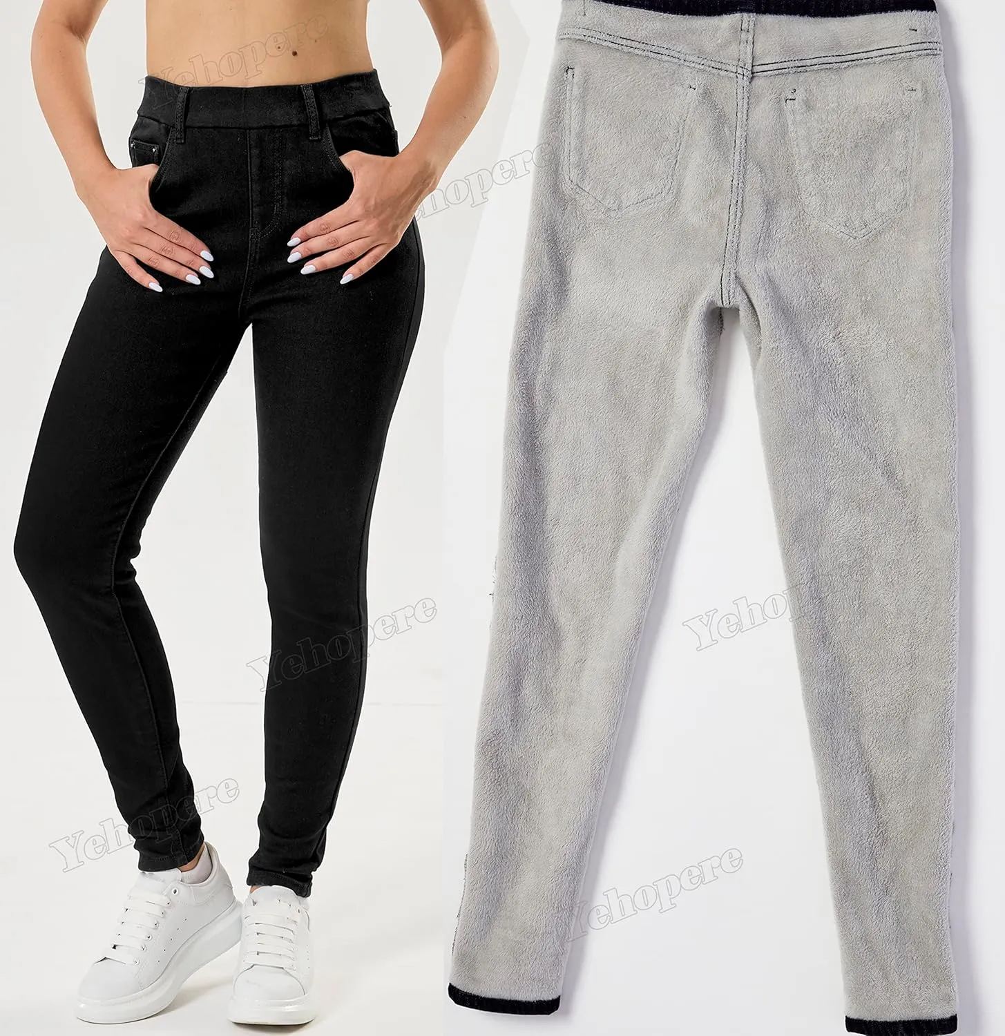 Yehopere Women's Winter Jeans High Waist Pull on Fleece Lined Thicken Elastic Waist Jeans