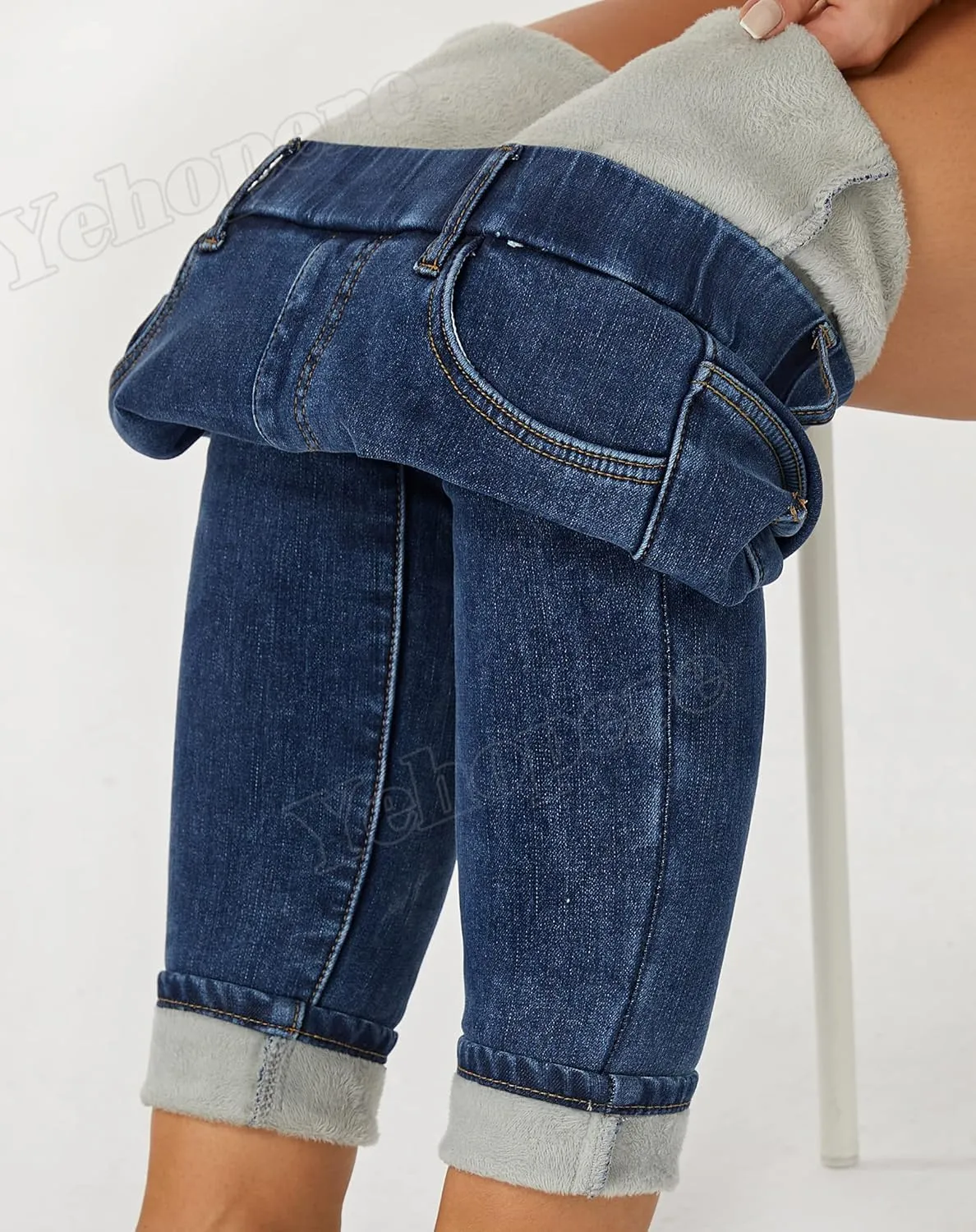 Yehopere Women's Winter Jeans High Waist Pull on Fleece Lined Thicken Elastic Waist Jeans
