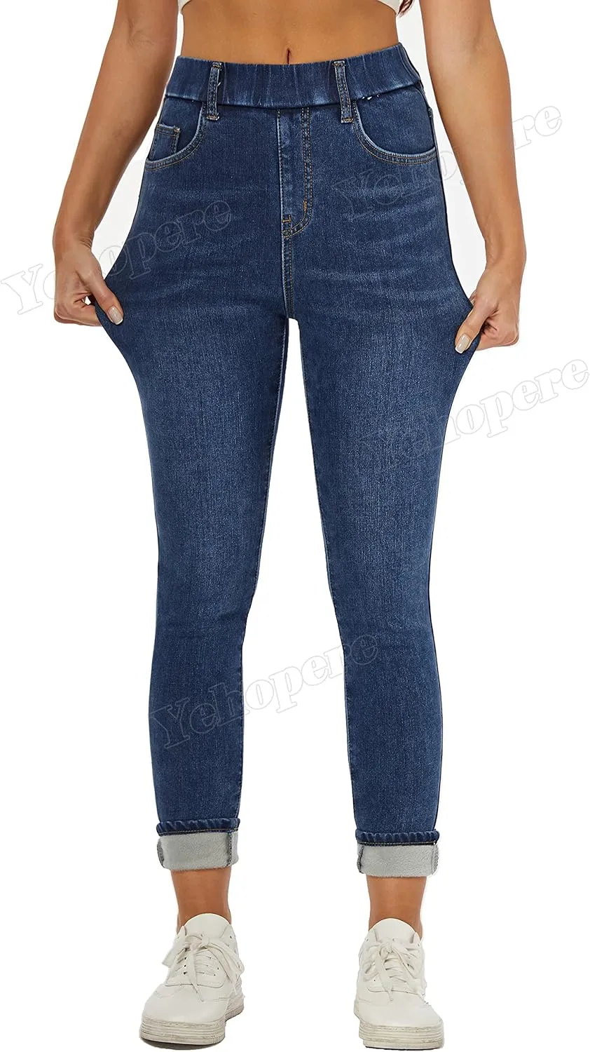 Yehopere Women's Winter Jeans High Waist Pull on Fleece Lined Thicken Elastic Waist Jeans