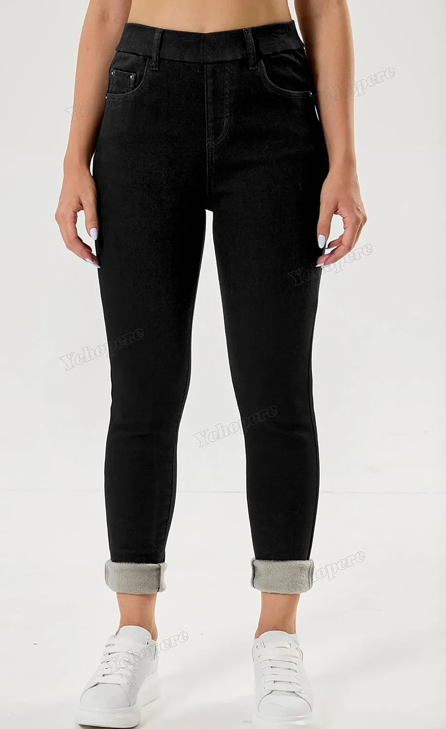 Yehopere Women's Winter Jeans High Waist Pull on Fleece Lined Thicken Elastic Waist Jeans