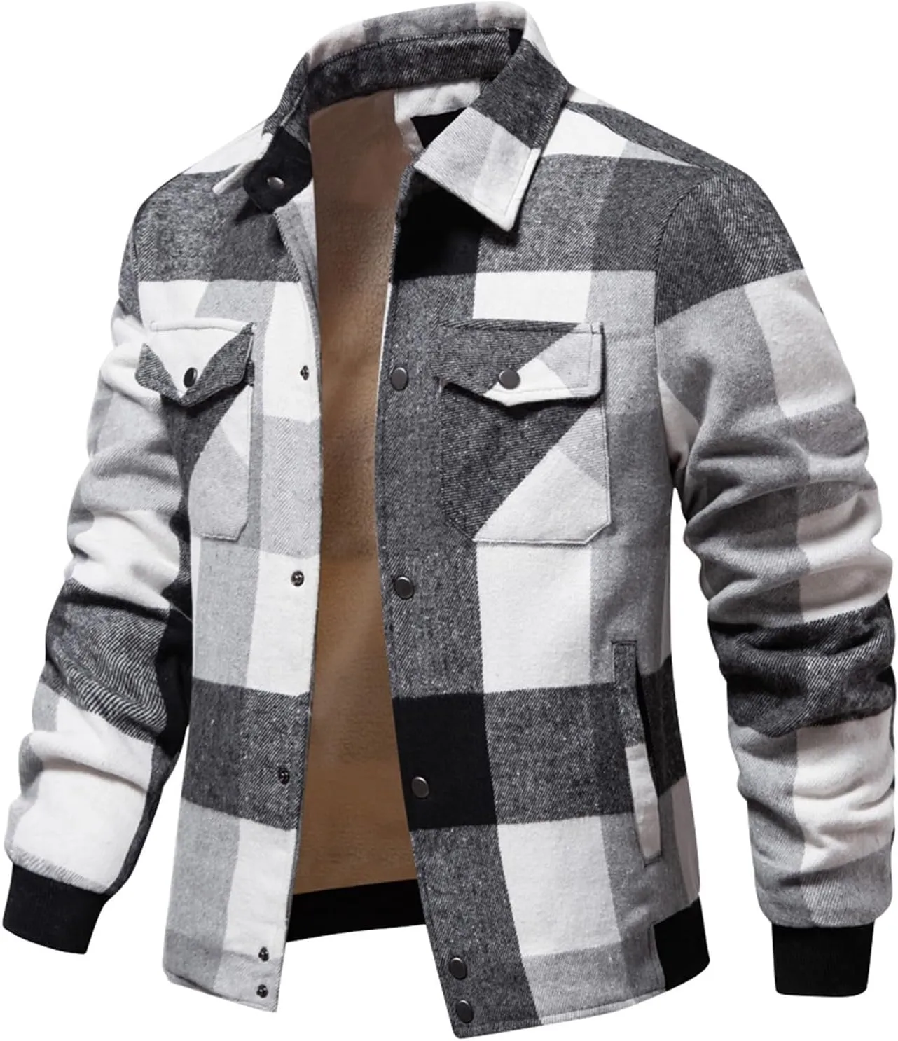 Ymosrh Men's Casual Jackets Lightweight Winter Warm Sherpa Lined Fleece Plaid Shirt Jacket Button Down Shacket Coat, S-XL
