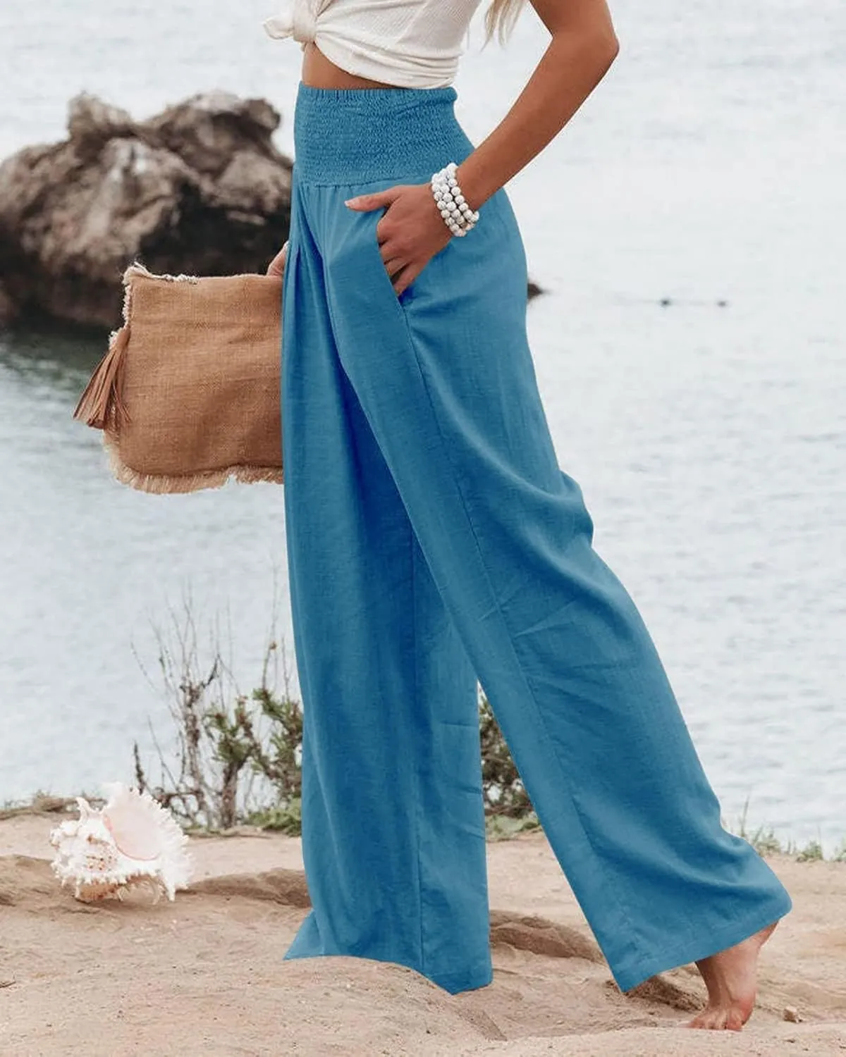 ZWRXW 2025 Linen Pants Women Summer Boho Wide Leg Palazzo Pants High Waist Casual Lounge Pant for Beach Travel Vacation Work