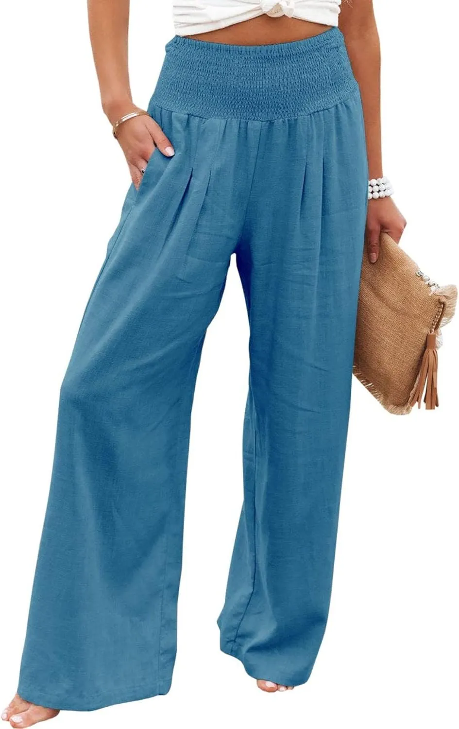 ZWRXW 2025 Linen Pants Women Summer Boho Wide Leg Palazzo Pants High Waist Casual Lounge Pant for Beach Travel Vacation Work