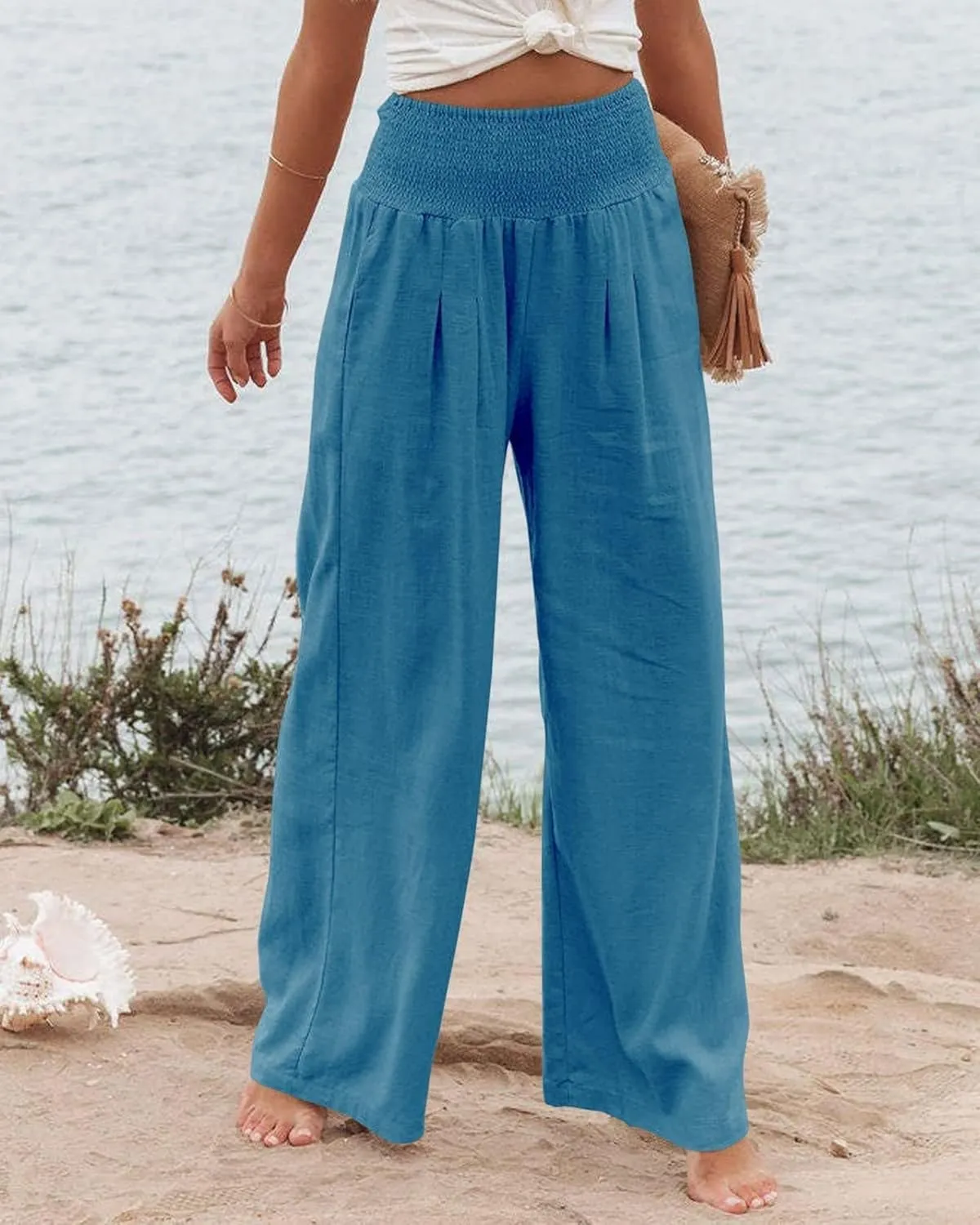 ZWRXW 2025 Linen Pants Women Summer Boho Wide Leg Palazzo Pants High Waist Casual Lounge Pant for Beach Travel Vacation Work