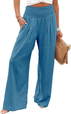 ZWRXW 2025 Linen Pants Women Summer Boho Wide Leg Palazzo Pants High Waist Casual Lounge Pant for Beach Travel Vacation Work